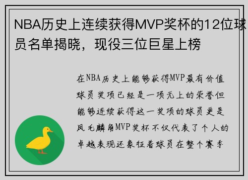 NBA历史上连续获得MVP奖杯的12位球员名单揭晓，现役三位巨星上榜