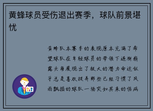 黄蜂球员受伤退出赛季，球队前景堪忧