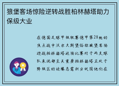 狼堡客场惊险逆转战胜柏林赫塔助力保级大业