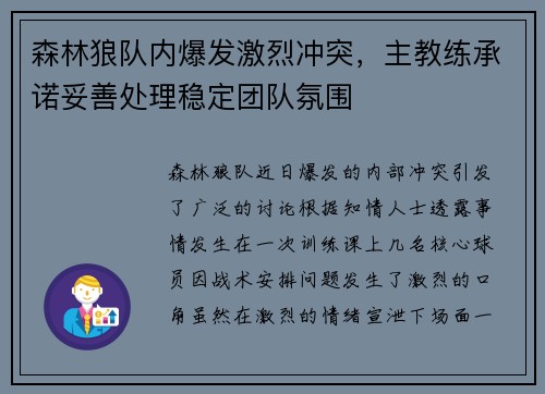 森林狼队内爆发激烈冲突，主教练承诺妥善处理稳定团队氛围