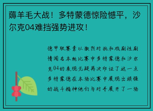 薅羊毛大战！多特蒙德惊险憾平，沙尔克04难挡强势进攻！