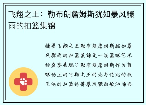 飞翔之王：勒布朗詹姆斯犹如暴风骤雨的扣篮集锦