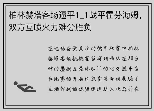 柏林赫塔客场逼平1_1战平霍芬海姆，双方互喷火力难分胜负