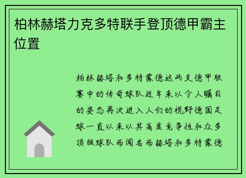 柏林赫塔力克多特联手登顶德甲霸主位置
