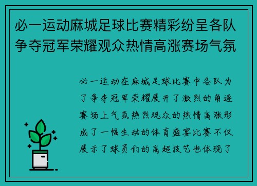 必一运动麻城足球比赛精彩纷呈各队争夺冠军荣耀观众热情高涨赛场气氛火爆