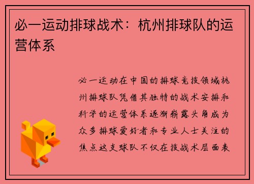 必一运动排球战术：杭州排球队的运营体系